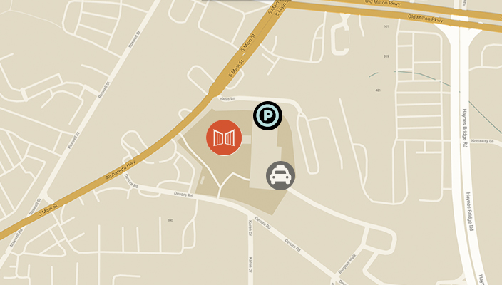 map of area with icons showing parking and rideshare